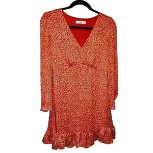 MANGO Long-Sleeve Floral Mini Dress – V-Neck, Ruffle Hem, Size 4